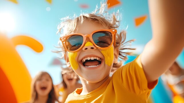 Joyful Carnival with Children Playing and Enjoying Face Painting Bouncy Castle and Games - Powered by Adobe