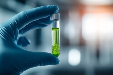 Gloved Hands Holding Vibrant Green Solution in Test Tube Against Blurred Laboratory Background
