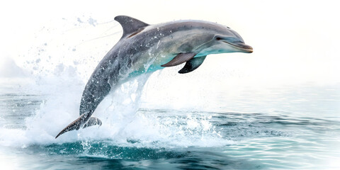 Fototapeta premium Dolphin jumping and swimming in the water with a blue ocean background