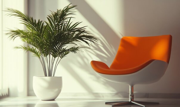 An intimate setting with a white and orange color scheme, featuring a plant in a vase.
