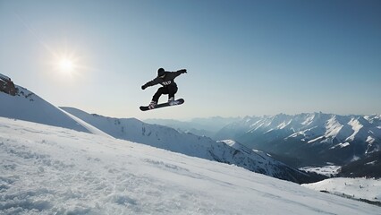 Extreme winter sport action: a snowboarder jumps high in the sky above a snowy mountain slope