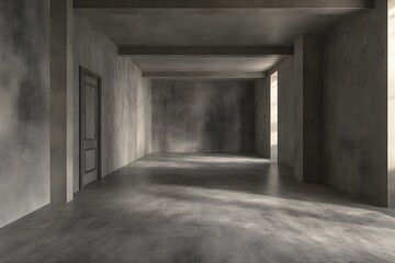 Empty Industrial Concrete Room Interior Design Modern Architecture Gray Walls Spacious Room Dark Grey Floor Sunlight Shadows Minimalist Style Building Empty    