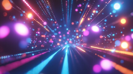 Fototapeta premium advanced optical bokeh pattern, neon light dispersion, nostalgic 90s design, cosmic dust particles, glowing multicolor spheres, dark space backdrop, electronic music visual aesthetic, scattered light