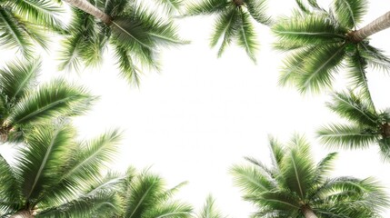 Obraz premium Lush palm trees create a tranquil canopy against a bright sky in a tropical paradise setting