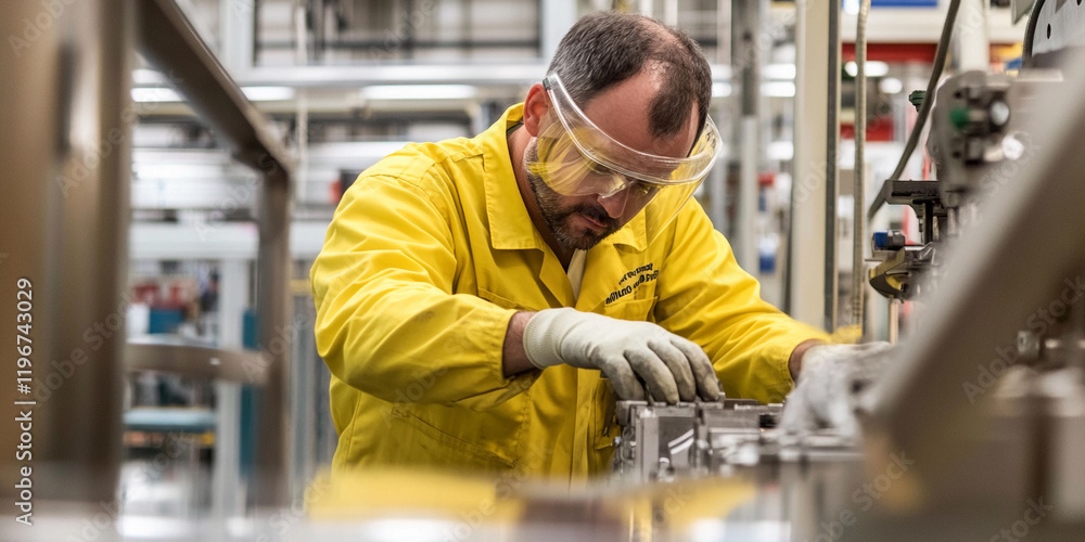 Aufkleber Worker in yellow coat performs assembly task in factory