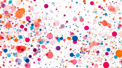 floating colorful paper dots, bright carnival palette, pure white background, joyful scattered pattern, pink magenta blue orange confetti, contemporary celebration aesthetic, high key photography