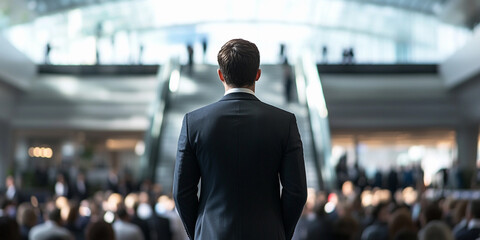 Business professional addresses a crowded conference event