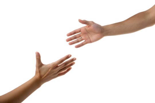 A close-up of a person's hands showing a gesture of care and help, with fingers and palms visible, symbolizing a handshake or support
