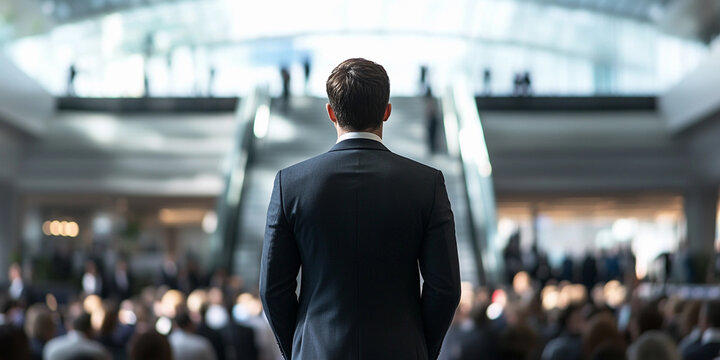 Business professional addresses a crowded conference event