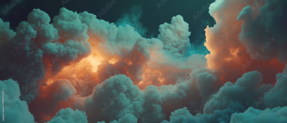 Poster Fluffy clouds illuminated by warm light create a mesmerizing sky display at sunset