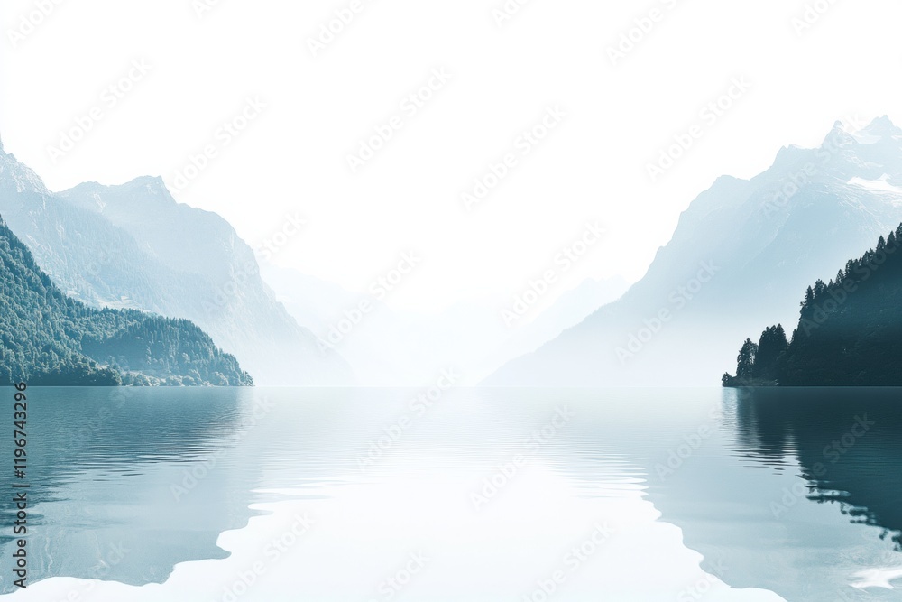 Poster serene lake surrounded by mountains with blank space for text in a tranquil atmosphere. generative a