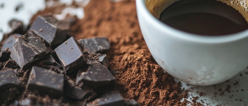 Rich dark coffee served with chunks of dark chocolate and cocoa powder for a decadent treat