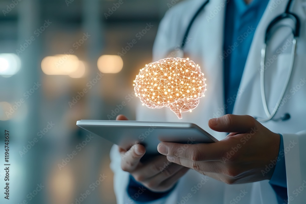 Poster futuristic doctor holding digital tablet with neural network patterns in modern laboratory setting