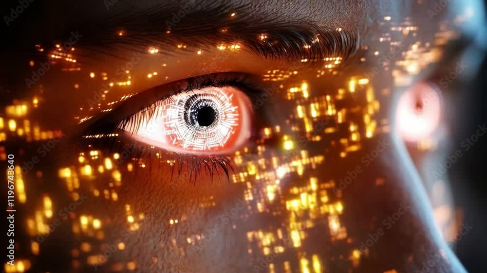 Poster a close-up view highlights a human eye augmented with glowing cybernetic enhancements. the eye displ