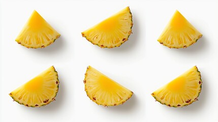 Naklejka premium Six slices of fresh pineapple arranged on white background.
