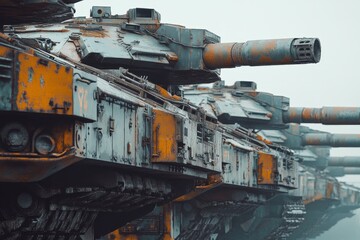 Detailed Close-Up of Military Tanks Lined Up in an Industrial Setting, Showcasing Rust and Wear with an Overcast Sky Background