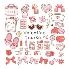 Draw vector illustration collection element pink nurse valentine Trendy retro groovy Love vibes Doodle cartoon style