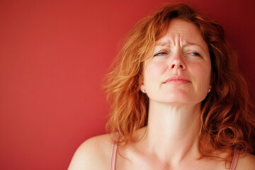 Obraz premium Woman with wavy red hair expressing deep thought indoors