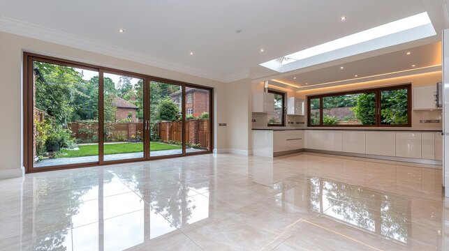 Modern kitchen extension with garden view, showcasing luxury interior design for real estate