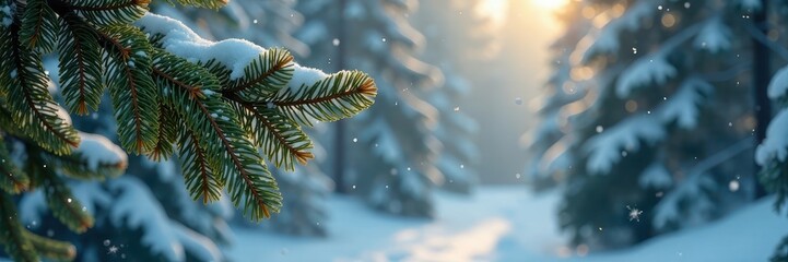 Subtle snow dusting pine boughs, gold accents , festive texture, nature