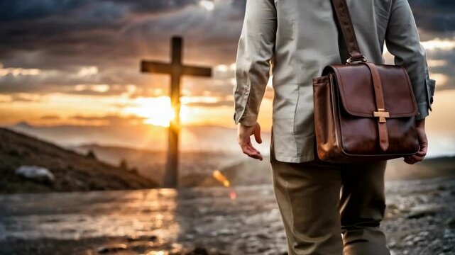 Missionary man with suitcase on his back walking through the field at sunset taking the Word of God