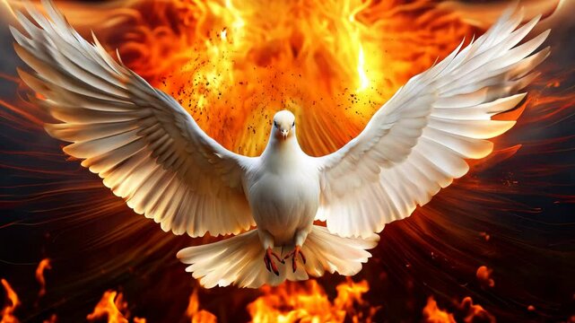 Holy Spirit dove flying with open wings in the middle of fire flames background