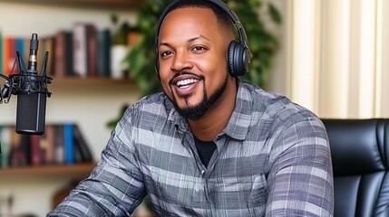 Portrait of afro american content creator male recording a podcast from his home studio