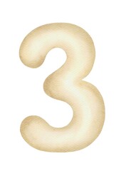 Number three, Figures of numbers drawn in watercolor. High quality illustration On white background. Suitable for holidays, children's birthdays, parties. Indicates age. Design for cakes, kids style 