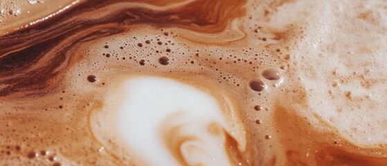 Elegant swirling patterns of coffee and milk blend create a creamy texture in a warm cup