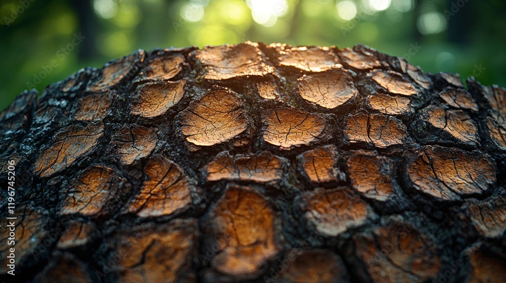 Poster illuminated tree bark texture close-up: a detailed view of natural patterns and warm tones in sunlig