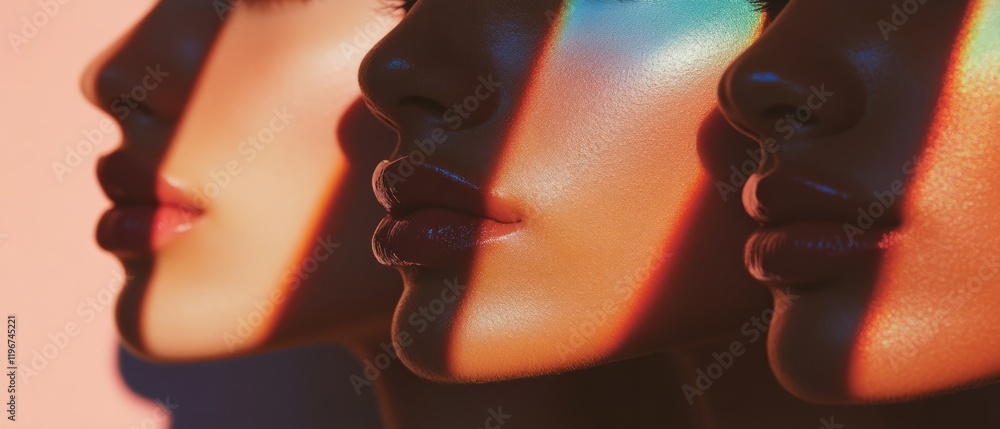 Poster color gradients resembling makeup shades highlight facial features in a dynamic composition