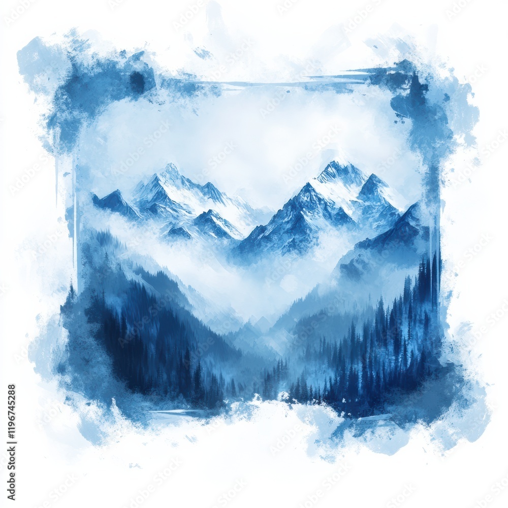 Poster mountain landscape with misty peaks and soft blue hues creating a tranquil setting for creative proj