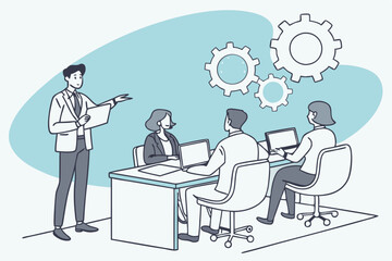 business meeting, office environment, team collaboration, modern workspace, minimalist illustration style, flat design, pastel color palette, professional attire, laptops on desk, standing presenter, 