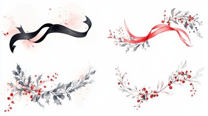 Set of four hand drawn Christmas frames, delicate line art illustration, first frame with minimalist black ribbon and flowing wavy borders, second frame decorated with scattered berry branches and