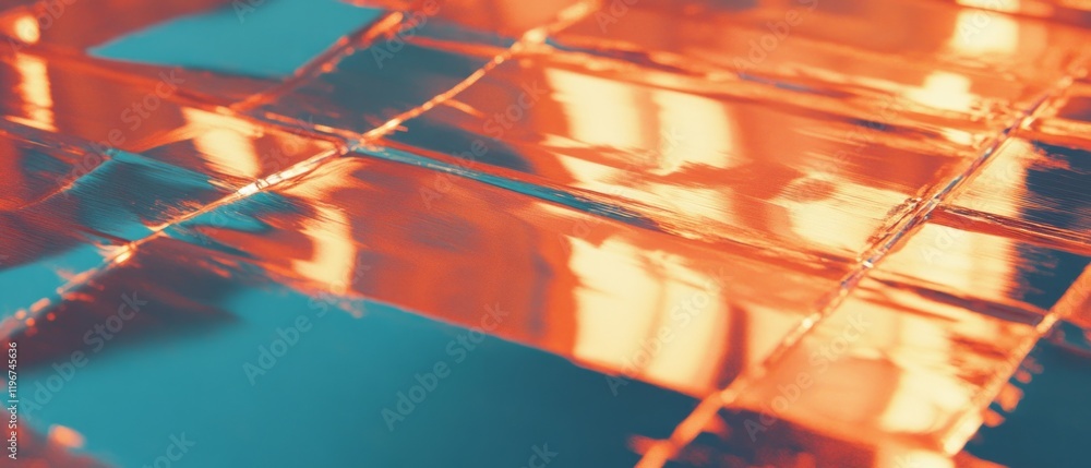 Poster copper sheets reflecting colorful light, showcasing unique metallic textures in a dynamic close-up