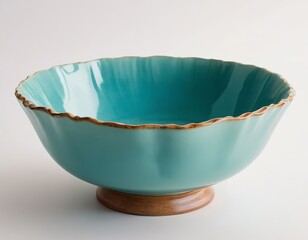 Elegant turquoise ceramic bowl with a decorative scalloped edge and wooden base.