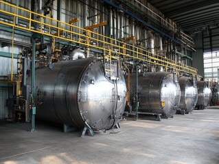 Industrial processing facility featuring large metallic tanks in a linen warehouse setup
