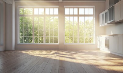 Obraz premium bright and spacious empty apartment with wooden flooring,large windows ensuring ample natural light,and a sleek,fitted kitchen counter.