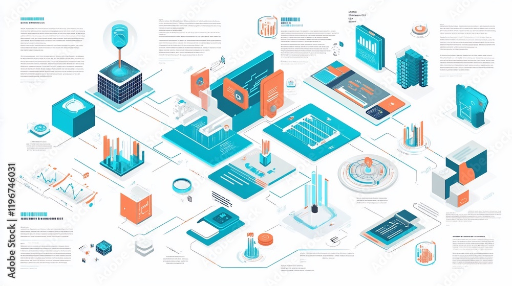 Poster futuristic data network: isometric visualization of a complex digital ecosystem