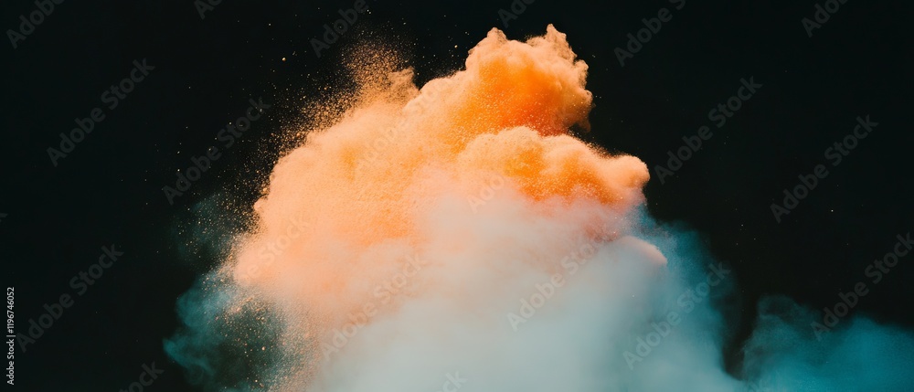Poster cosmic dust cloud filled with fine particles in vibrant colors against dark background