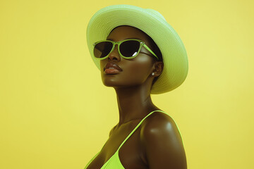 Fototapeta premium Studio portrait of attractive black model wearing trendy sunglasses and summer hat