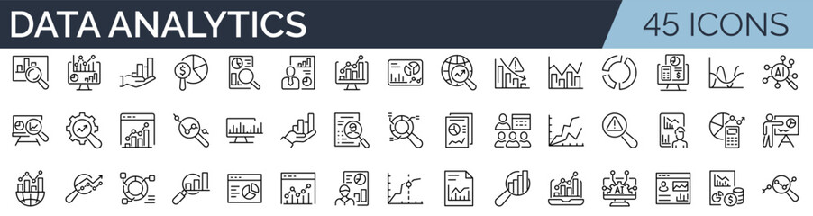 Set of 45 outline icons related to data analytics. Linear icon collection. Editable stroke. Vector illustration	