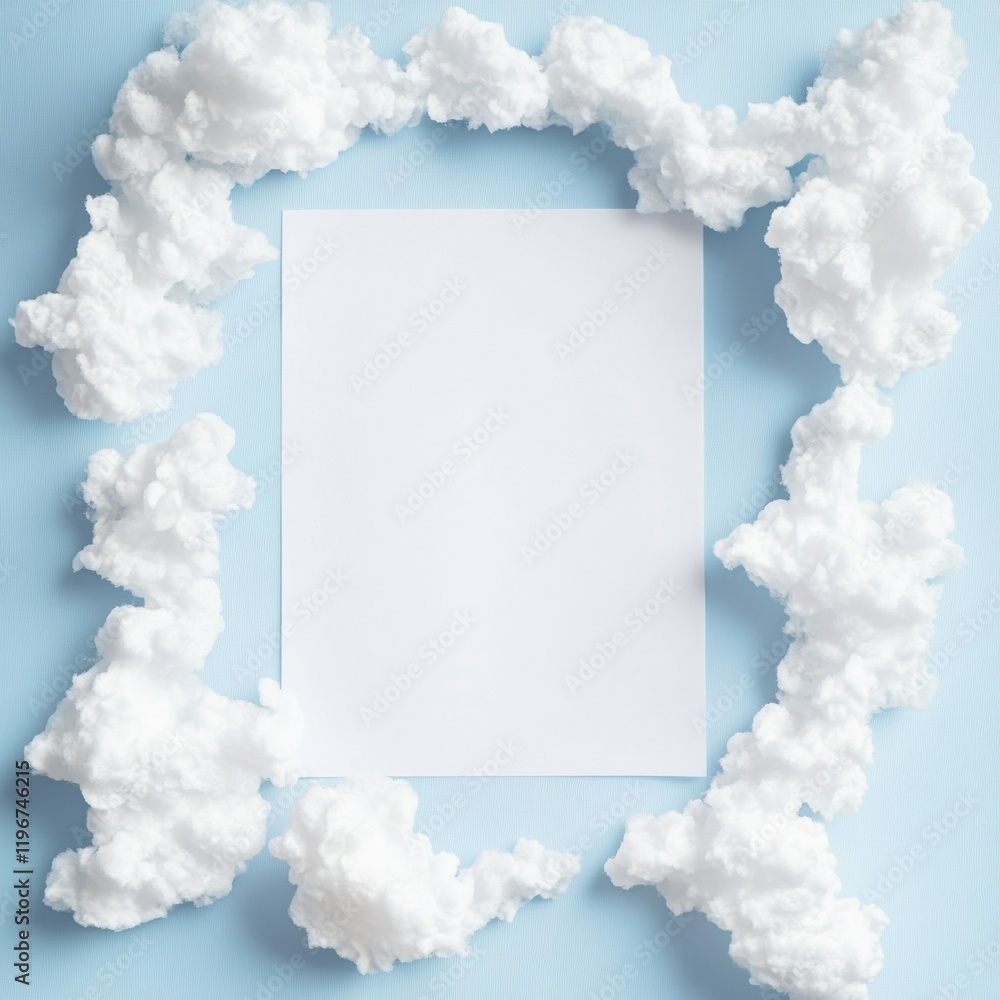 Poster creative blank space framed by cotton clouds on a light blue background for artistic use. generative