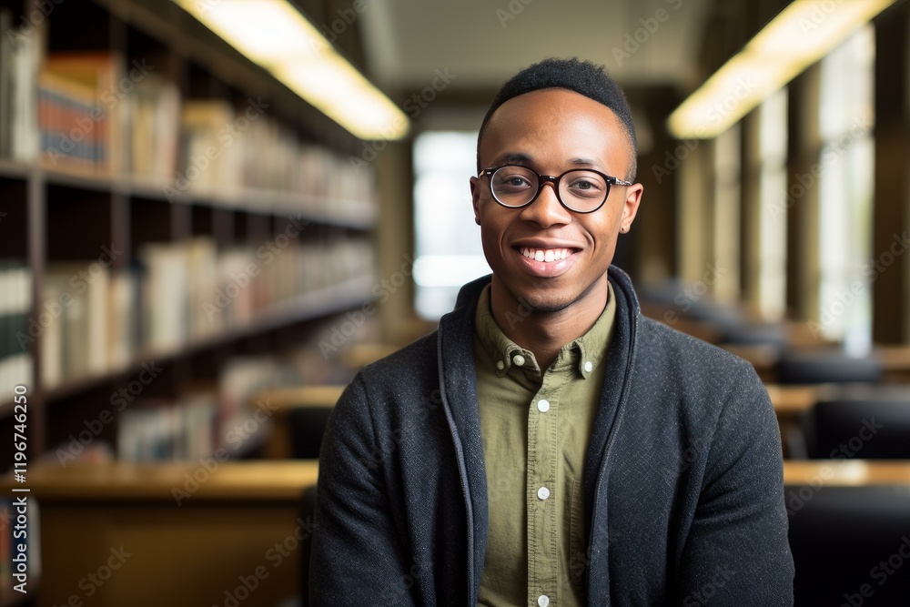 Aufkleber smiling student studying inside university library looking at camera
