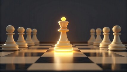 A glowing white king chess piece surrounded by pawns on a checkered board, symbolizing strategy and victory in chess.