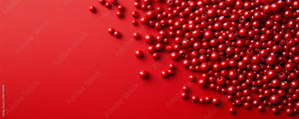 Poster bright red background with scattered red beads creating a bold visual contrast