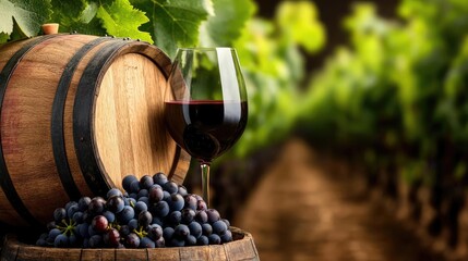 Red wine in glass, grapes, barrel, vineyard