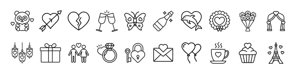 Valentine's day Outline Icon Set - A collection of valentine's day vector icons featuring hearts, gifts, rings, flowers, and wedding themes, ideal for love and celebrations.

