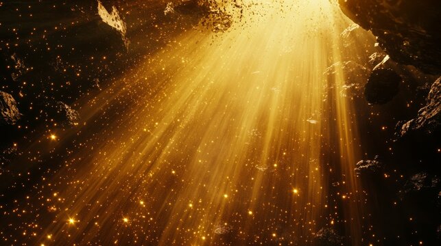 Radiant amber light rays emerging from horizontal golden source, majestic upward beaming light streams, scattered glowing particles, atmospheric god rays effect, mystical horizon breakthrough