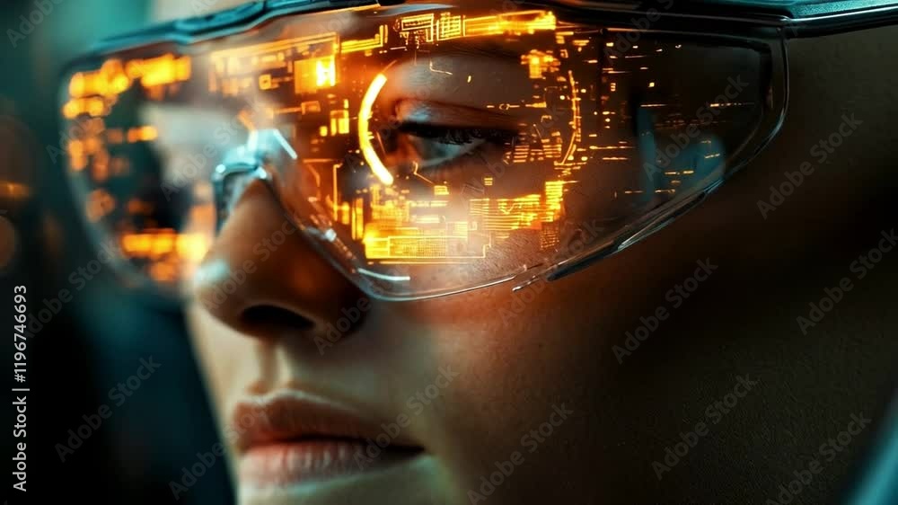 Poster A person wearing futuristic augmented reality glasses observes data and graphics in a high-tech environment focused on cyber defense. The setting emphasizes advanced technology.